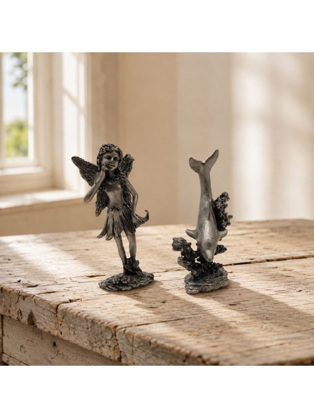 Miniature Pewter Fairy and Dolphin Figurines 3"